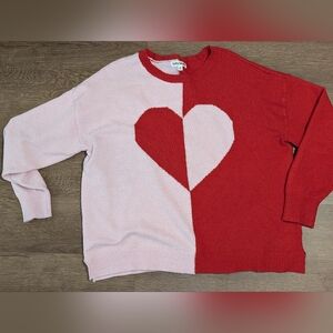 kathy ireland Pink and Red Half‑and‑Half Heart Crewneck Sweater